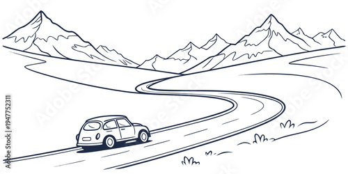 A car drives down a winding road in the mountains Vector