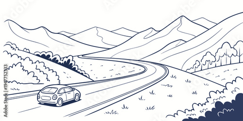 A car drives down a snowy mountain road Vector