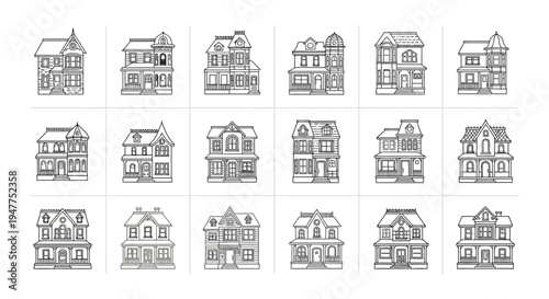 Vintage Houses Collection: Architectural Styles, Victorian, Old Buildings, Hand Drawn Icons