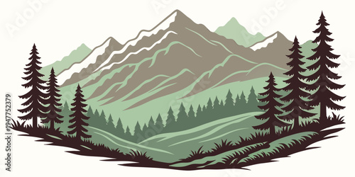 A mountain landscape with trees and a snow capped peak Vector