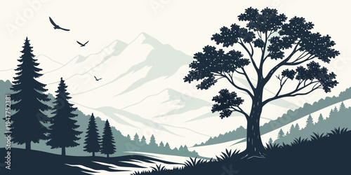 A serene landscape with trees and mountains Vector