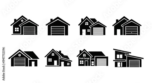 Set of Modern House Icons with Garages, Real Estate Symbols