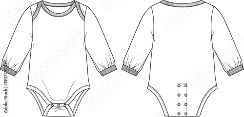 Baby onesie technical sketch, infant clothing flat design, garment construction illustration, fashion pattern artwork, black white apparel figure set