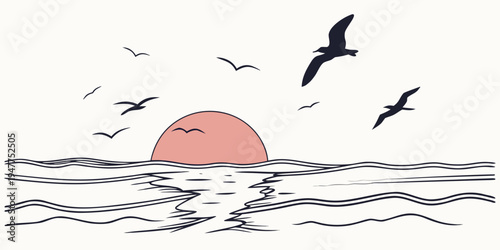 Seagulls flying over the ocean at sunset Vector