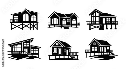 Set of Six Black and White Silhouettes of Houses on Stilts, Beach Houses, and Cabins