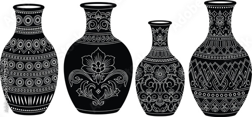 Decorative vase silhouettes, floral geometric artwork, ornamental pottery design, black white illustration set, cultural craft stylized figure collection