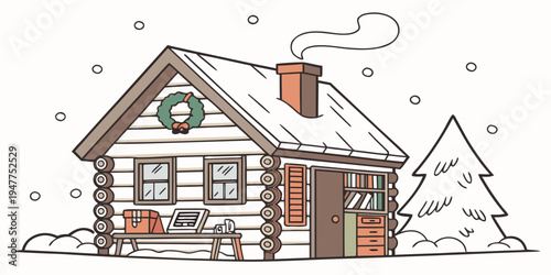 A small snow covered house with a wreath on the door and a christmas tree Vector