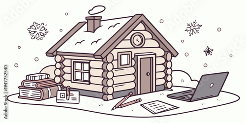 A log cabin in the snow with a laptop outside Vector