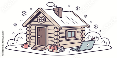 A small log cabin in the snow with a sled Vector