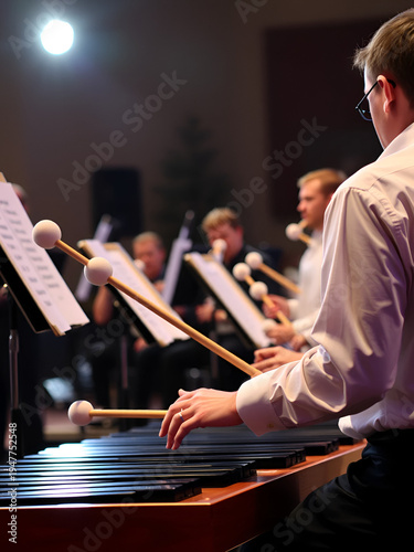 A percussionist playing the vibrophone with white mallets during a wind band live performance