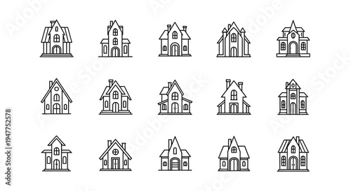 Set of Various House Icons, Architectural Styles, Vector Graphics