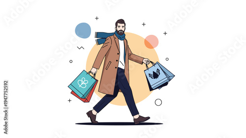 Confident and fashionable man in a long brown coat walking briskly while carrying several colorful shopping bags from a retail trip.