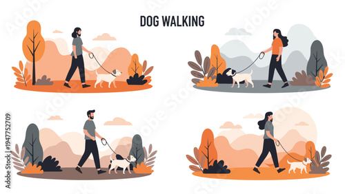 Infographic style illustration showing four different scenes of men and women walking their dogs on leashes through a scenic park area.