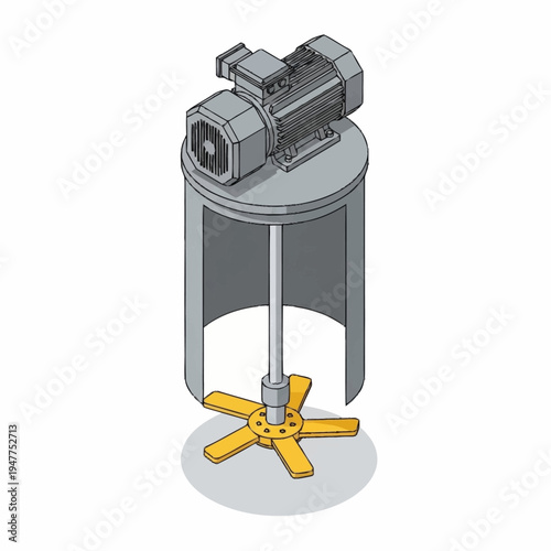 Isometric illustration of an industrial mixer with a motor on top, used for mixing liquids or other substances.