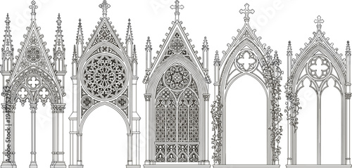 Gothic architectural window designs, cathedral tracery artwork, rose stained glass illustration, medieval craftsmanship figure set, ornate decorative silhouette collection