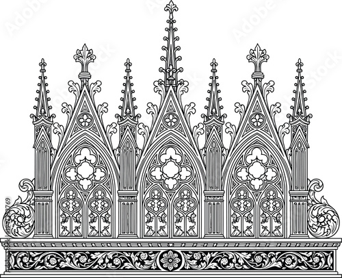 Gothic ornamental architecture silhouette, pointed arch tracery design, medieval decorative artwork, black white illustration set, historical building figure collection