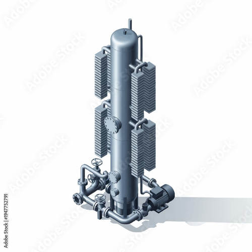 Isometric illustration of an industrial distillation column with pipes and equipment.