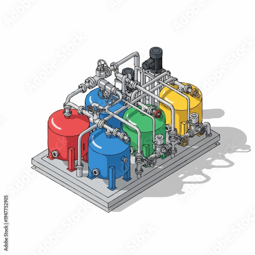 Isometric illustration of an industrial water treatment system with colorful tanks and intricate piping.