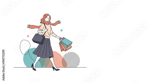 Stylish woman wearing a warm scarf and autumn clothes walking happily with multiple shopping bags after a successful day at the mall.