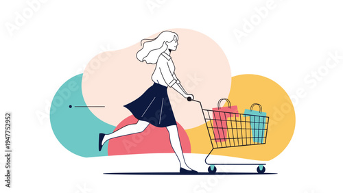 Excited young woman in a skirt running fast while pushing a metal shopping cart filled with colorful bags during a seasonal store sale.