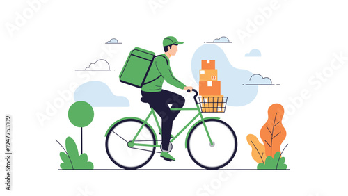 Professional courier man riding a green bicycle while delivering various cardboard packages in a city environment under a bright sky.