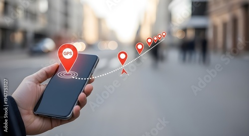 Hand Holding Smartphone with GPS Location Pins and Mobile Navigation Route in City