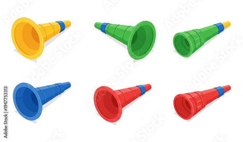 Vuvuzela isometric icon set with colorful soccer fan horns South Africa vector