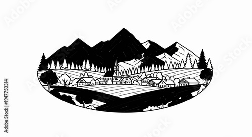 Stylized black and white village nestled at the base of mountains