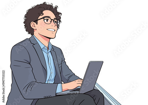 A man sits on steps in a modern building and works on his laptop with a focused look during the day.