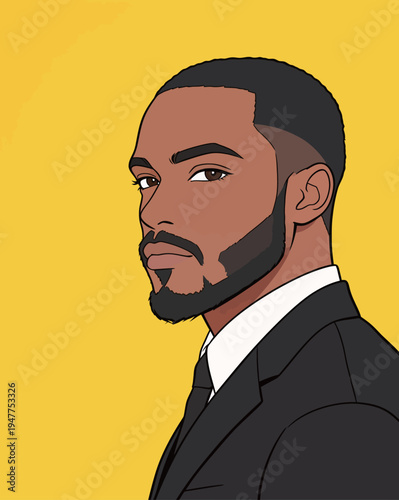 A man wearing a suit looks directly at the viewer with a serious expression on a bright yellow background. His style shows confidence.