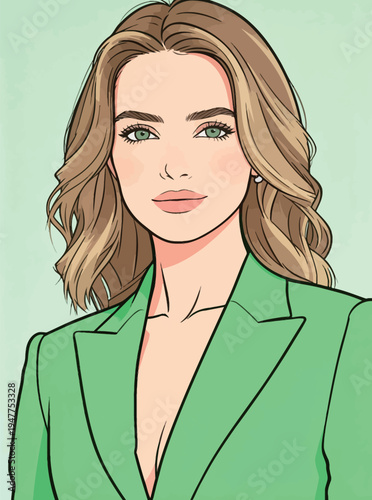 A woman stands wearing a green suit with long hair. She looks directly at the viewer with a subtle expression.