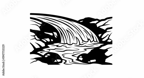 Stylized black and white waterfall cascading over rocks into a body of water