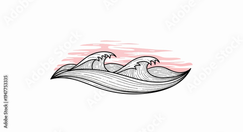 Stylized black and white waves with pink wisps of clouds above