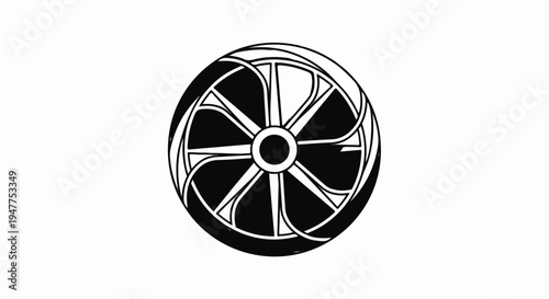 Stylized black and white wheel with intricate spokes