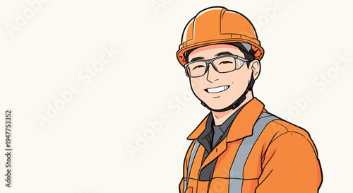 A construction worker stands on site wearing orange safety clothes and a hard hat. He smiles and looks ready to work.