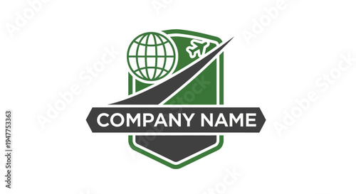 Green shield logo with airplane and globe.