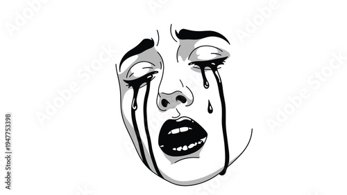 Dramatic black and white illustration of a woman face with black tears streaming down her cheeks to express intense sadness and grief.