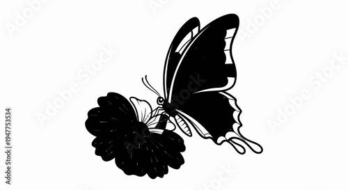 Stylized black butterfly resting on a dark, textured flower