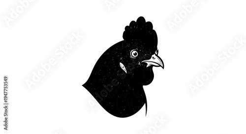 Stylized black chicken head with prominent crest and white eye