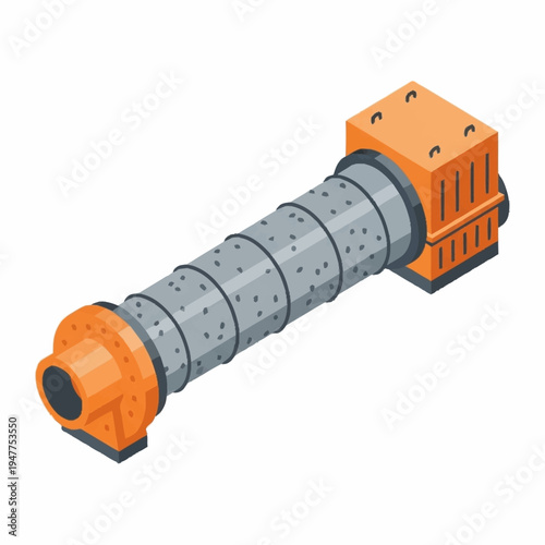 Isometric illustration of a industrial ball mill machine, a type of grinder used to grind or mix materials.