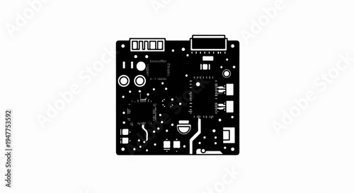 Stylized black circuit board with white electronic components and connectors
