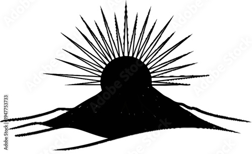 Stylized black and white sunburst over a silhouetted mountain range