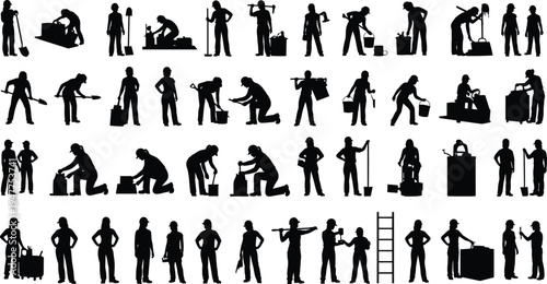 Large collection of worker silhouettes showing construction, maintenance, cleaning and service professionals using tools, ladder and equipment, representing diverse occupations and manual labor 