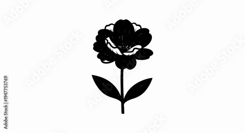 Stylized black flower with broad petals and two leaves
