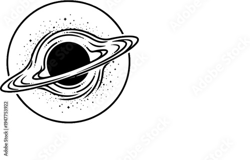 Stylized black hole with swirling accretion disk and surrounding starry field