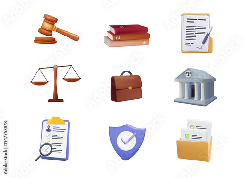 Compliance icon set 3D vector illustration. Vector symbols of law, policy, audit, and quality control. Professional corporate management and legal document signs. law firm and legal services concept
