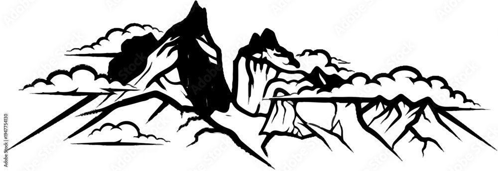 Fototapeta premium Stylized black ink mountains and clouds, rendered with energetic brushstrokes