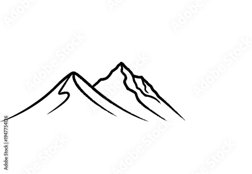 Stylized black ink outline of majestic mountain peaks on a white background