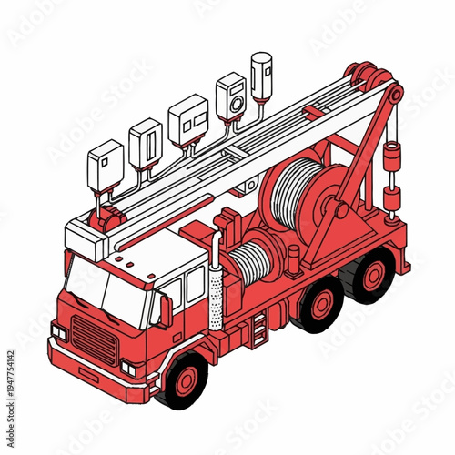 Isometric illustration of a red crane truck with a white roof and various equipment on top.