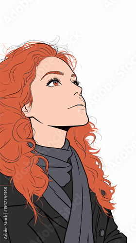 A woman with red hair lifts her gaze towards the sky while wearing a scarf. The focus is on her thoughtful expression in clear light.